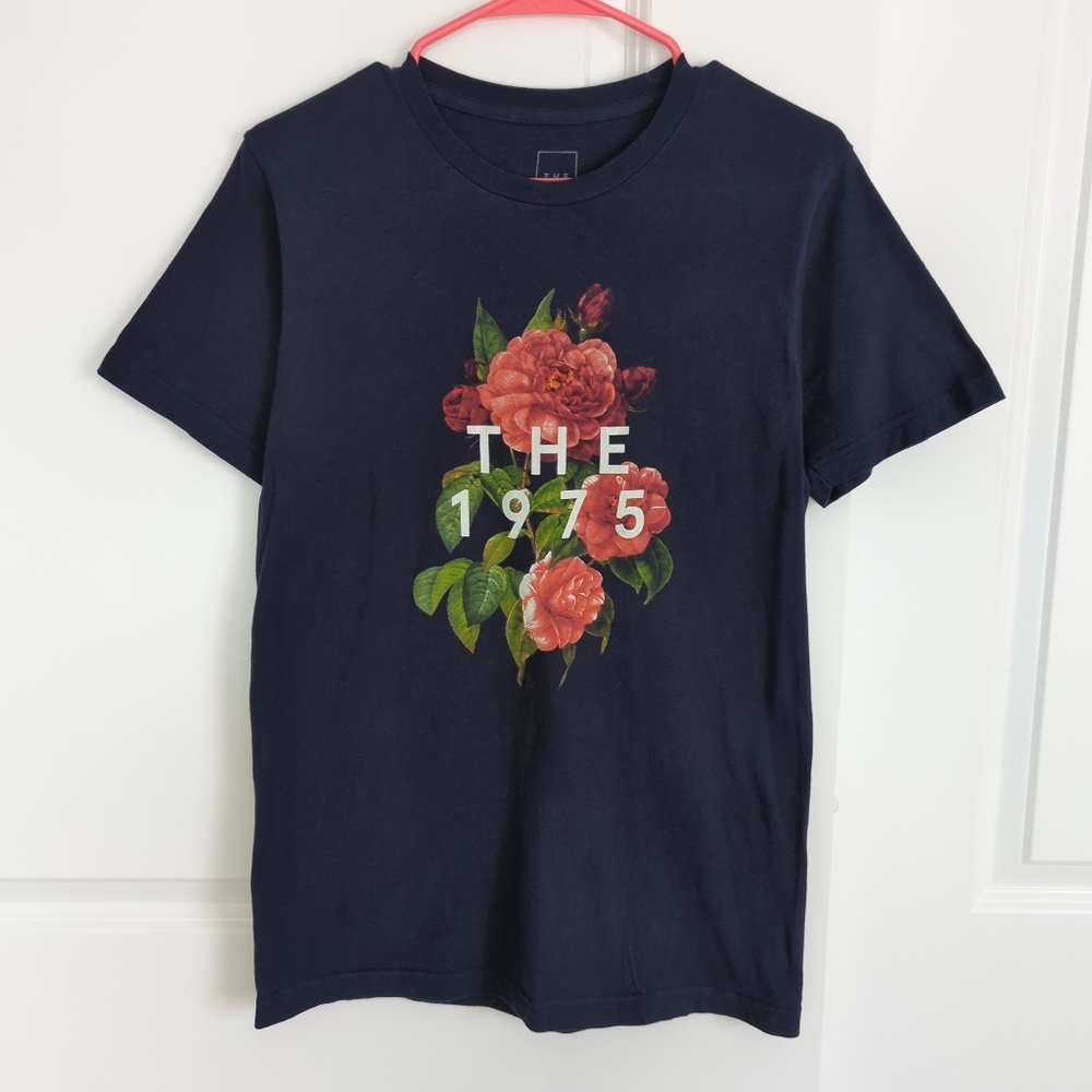 The 1975 T Shirt - Roses Navy Blue Unisex Cotton Graphic White Lettering Band